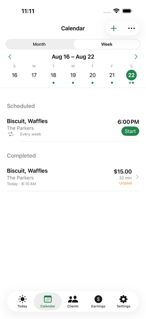 LeashBook calendar with a scheduled repeating walk