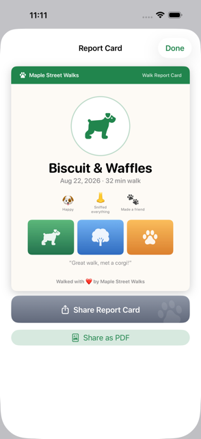LeashBook walk report card with dog photos, duration, and mood tags