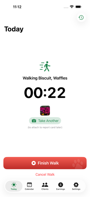 LeashBook Today screen with a walk in progress — Walking Biscuit, Waffles, timer reading 00:22
